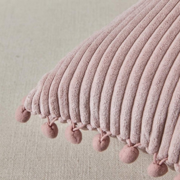 Set of 2 Petal Pink Corduroy Velvet Pom Pom Throw Pillow Covers Pillows 18" New - Picture 5 of 7